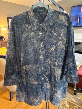 Lauren Ralph Lauren Gauzy Navy and Beige Botanical Print Button-Down Shirt